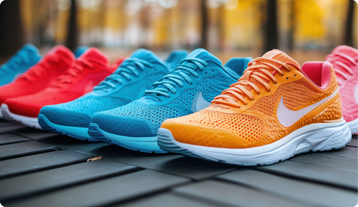 Colorful running sneakers lined up outdoors in autumn setting