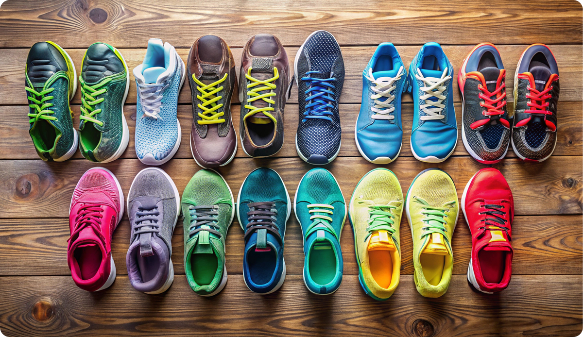 A wide variety of colorful sneakers arranged in two rows on a wooden floor