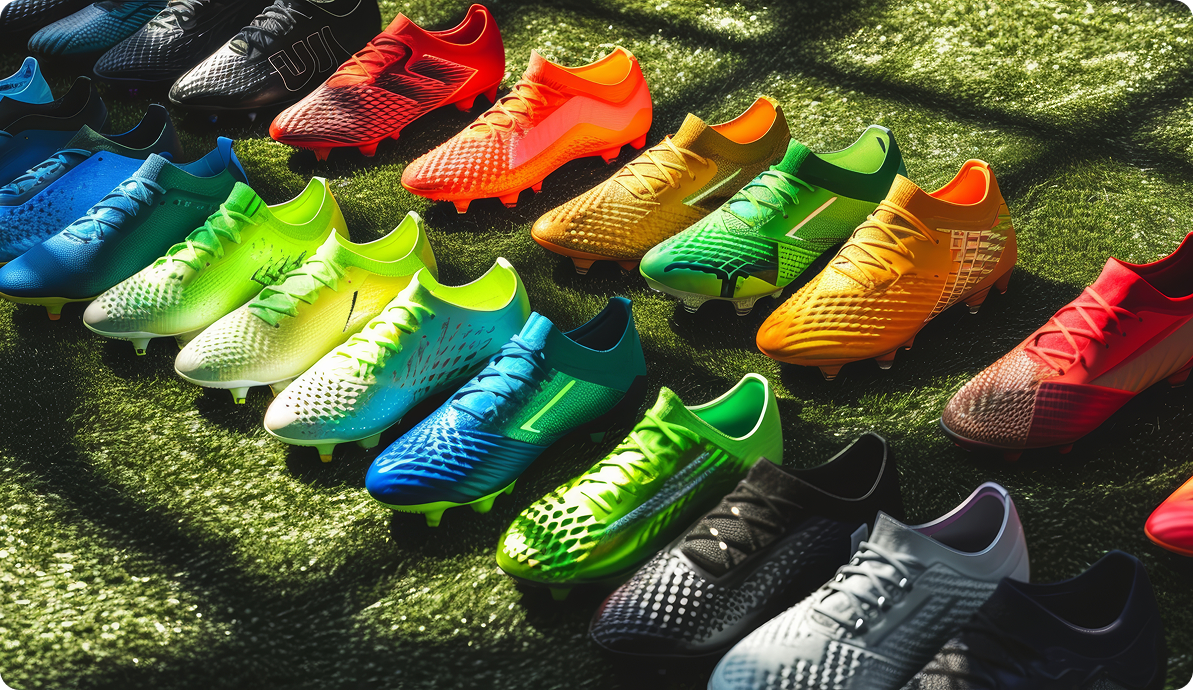 A vibrant collection of football boots in various colors laid out on a grass pitch