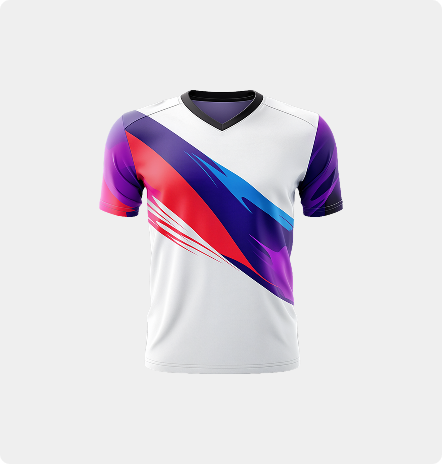 White performance jersey with red blue and purple graphic