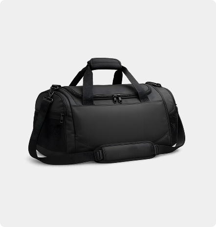 Black performance duffel bag on a light background