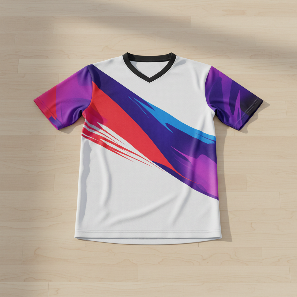 Color block performance jersey on an indoor sports surface