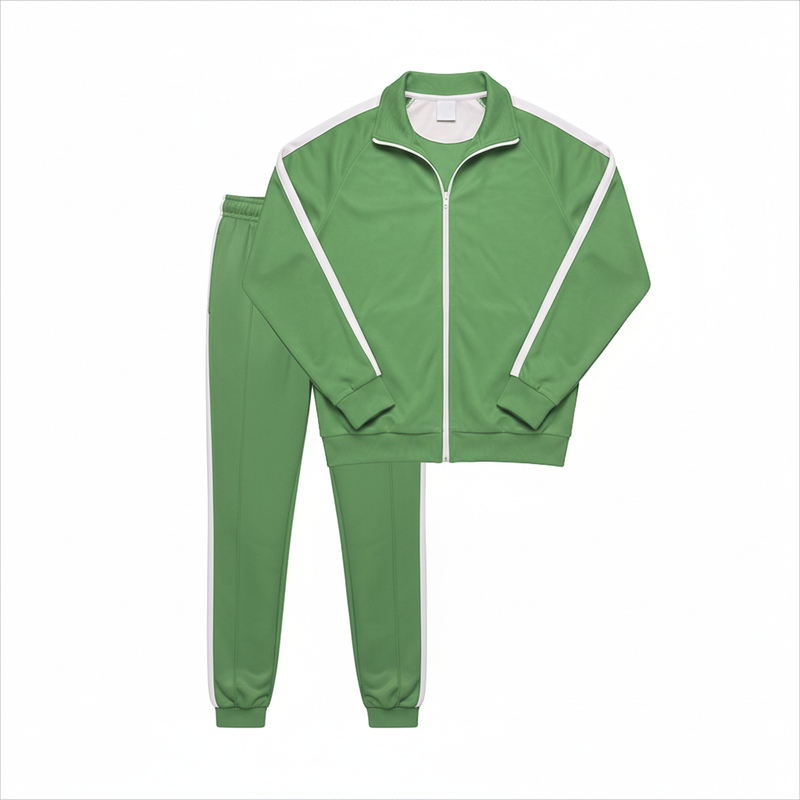 Green matching running track jacket and pants arranged on a white studio background