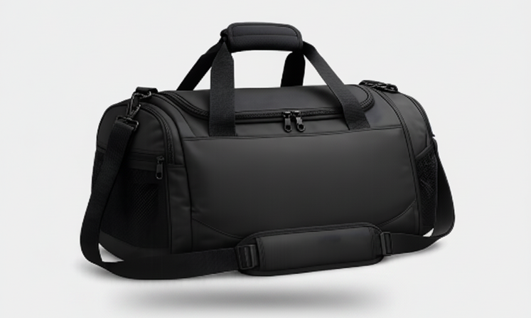 Black performance duffel bag shown from a three-quarter angle