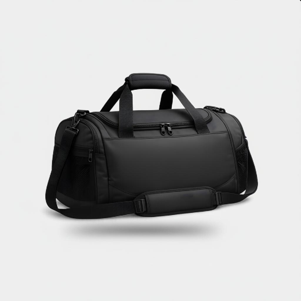 Black performance duffel bag shown from a three-quarter angle