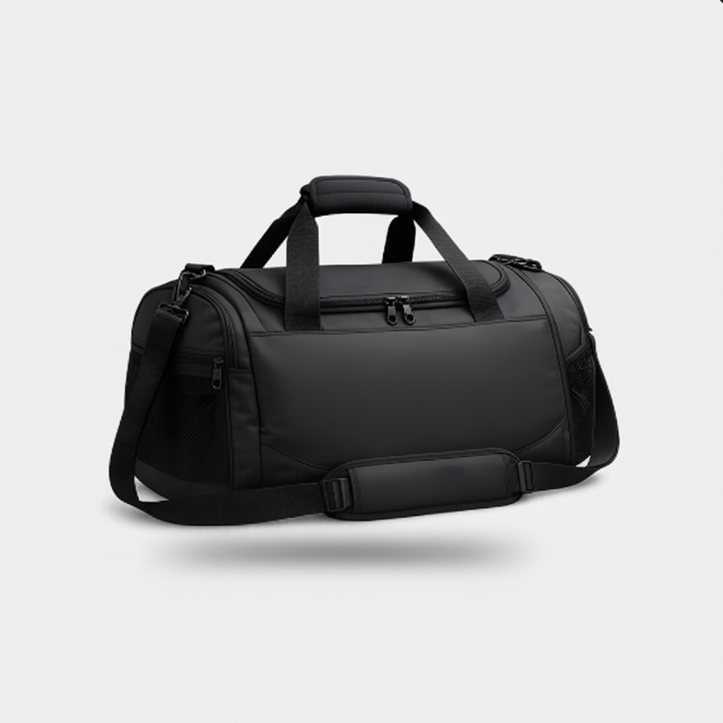 Black performance duffel bag shown from a three-quarter angle