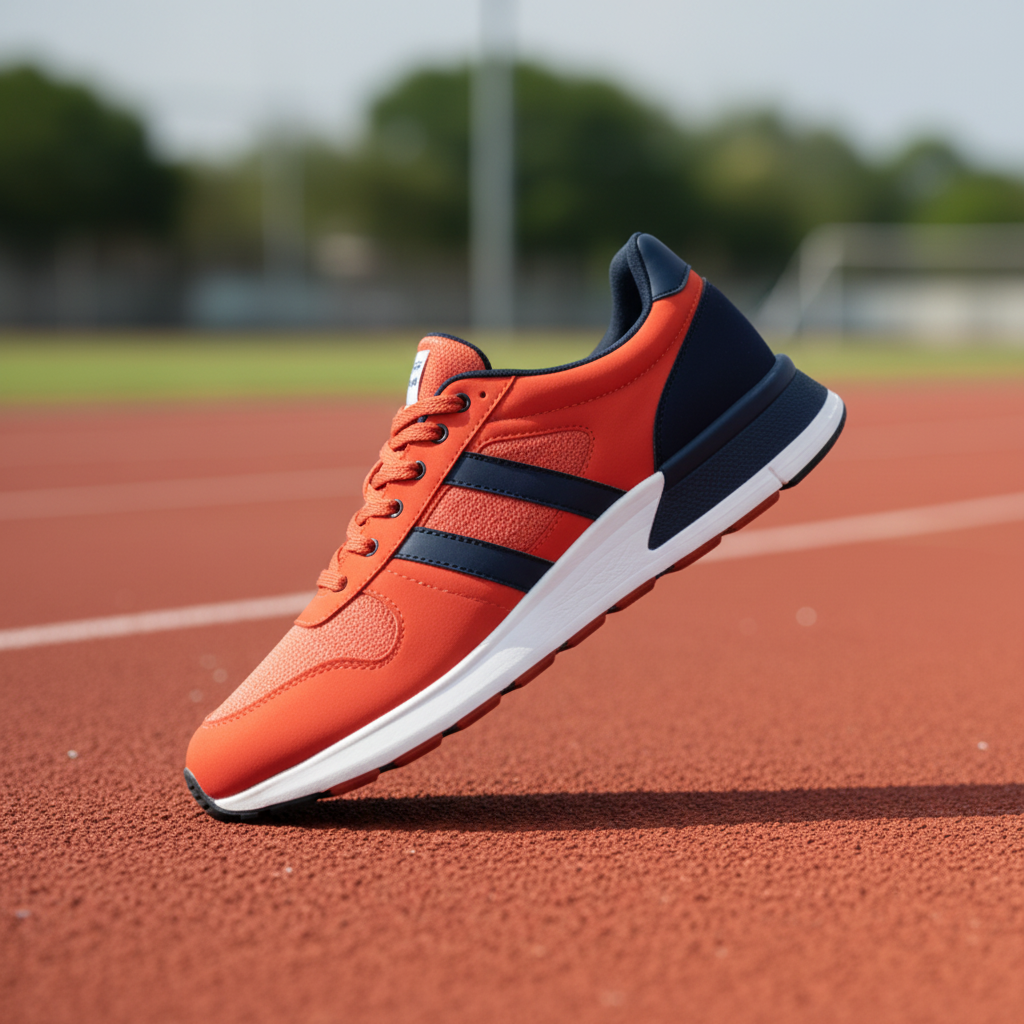 Orange, navy, and white running shoe on a running track