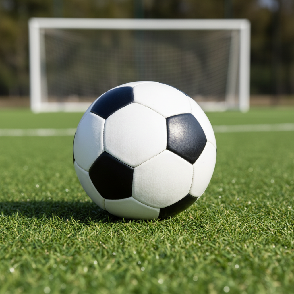 Classic black and white football on a green training pitch