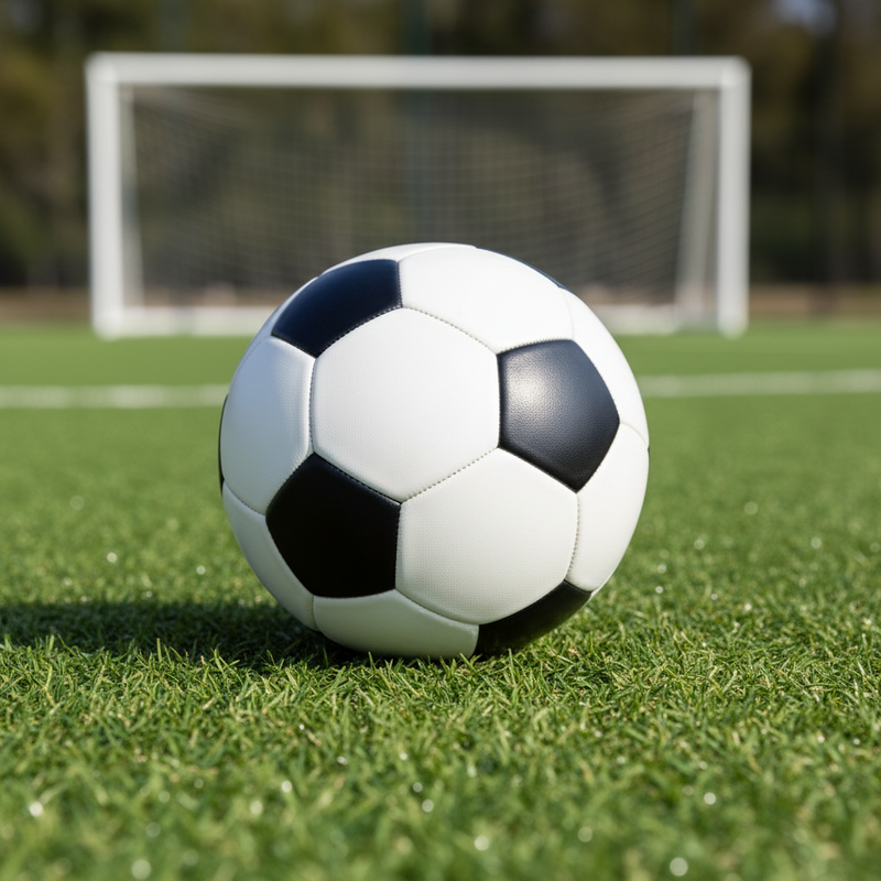 Classic black and white football on a green training pitch