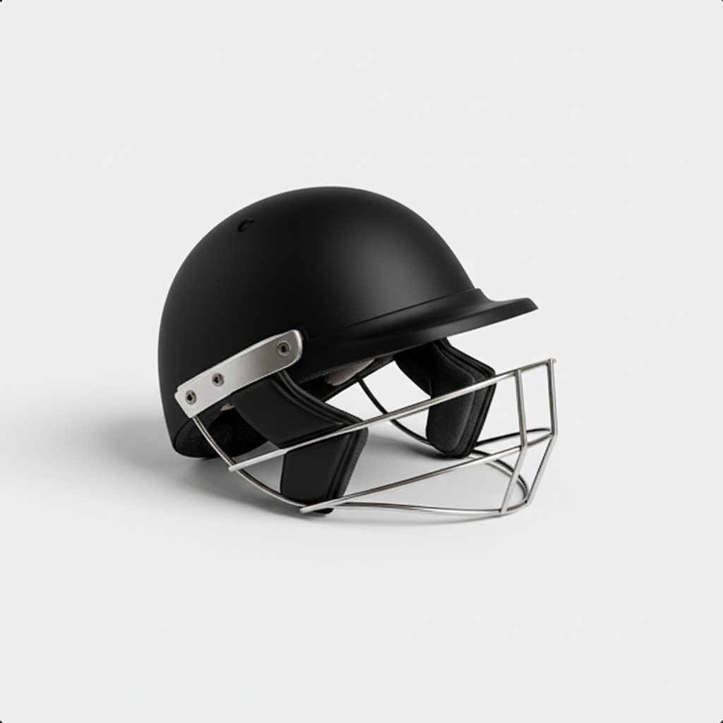 Black cricket helmet with silver face guard