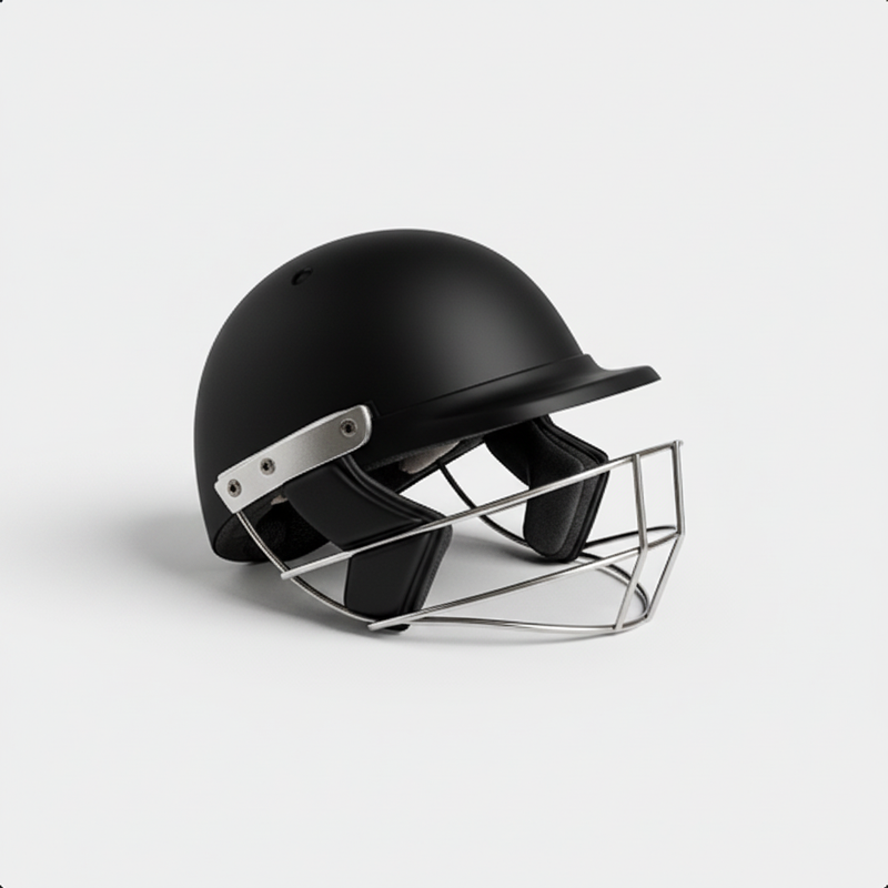Black cricket helmet with silver face guard