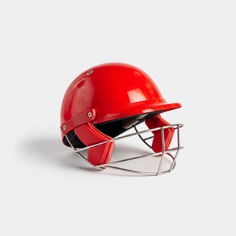 Red cricket helmet in a studio product view