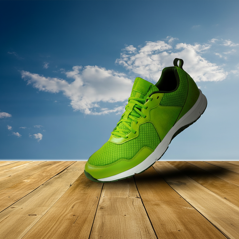 Bright green performance running shoe on a wooden running deck with blue sky