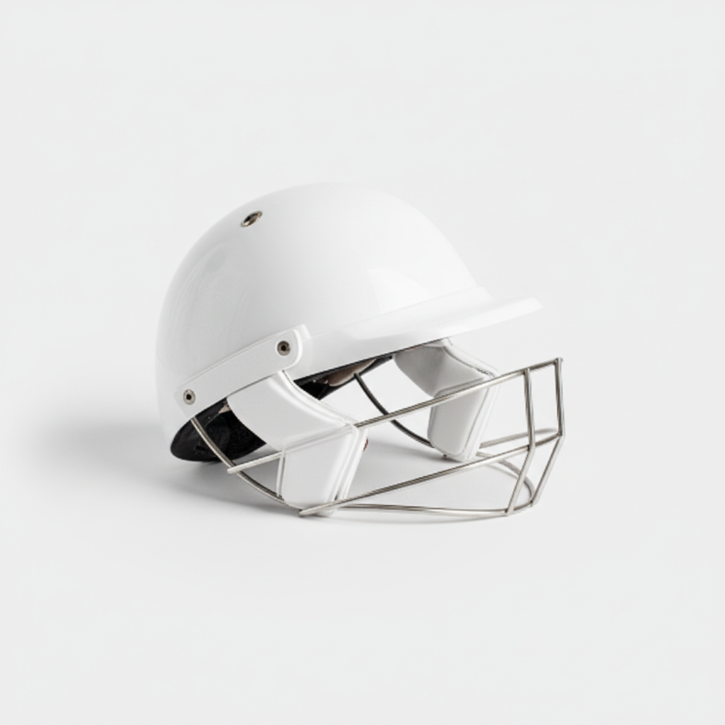 White cricket helmet with silver face guard