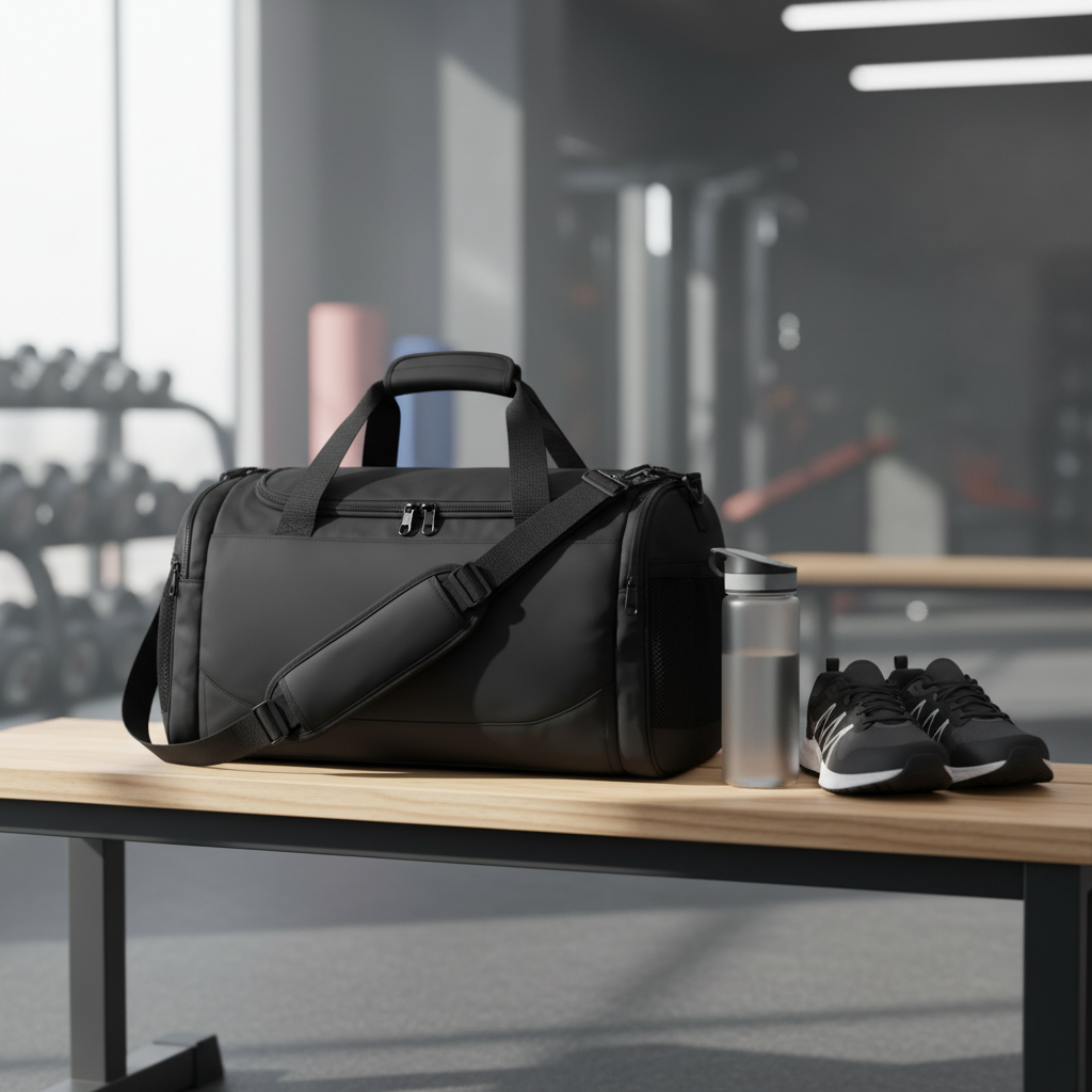 Black performance duffel bag styled on a gym bench