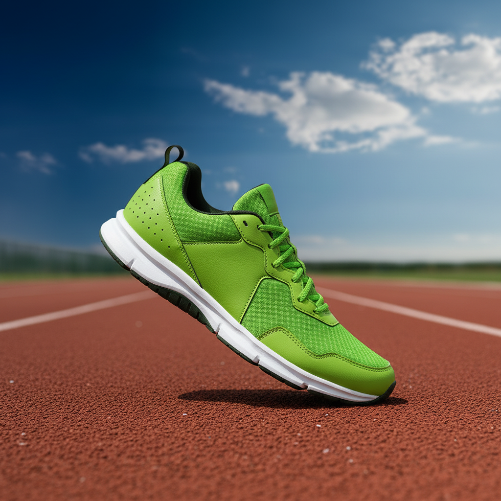 Bright green performance running shoe resting on a running track