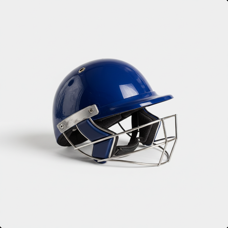 Blue cricket helmet with silver face guard