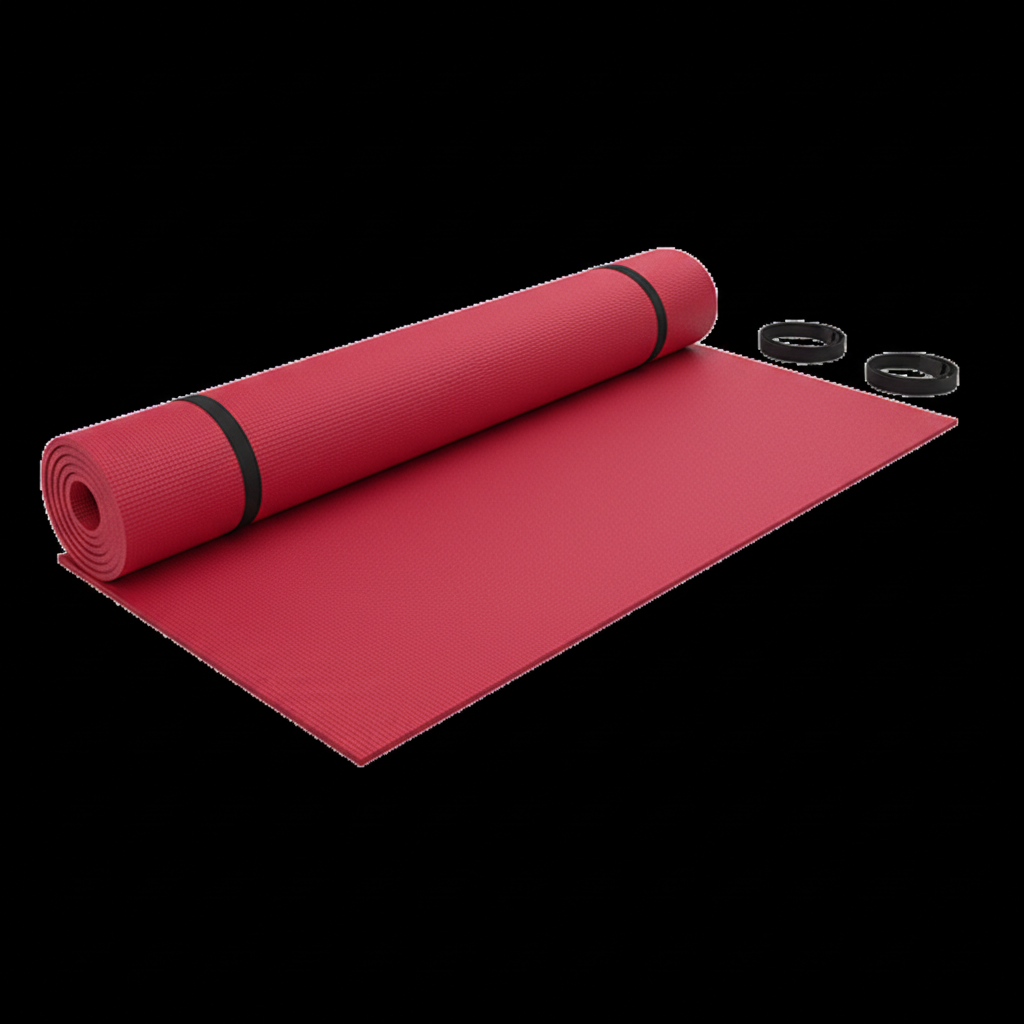 Red textured yoga mat fully unrolled with black straps
