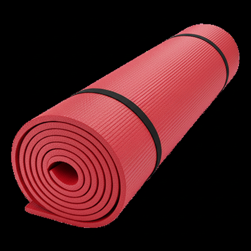 Red rolled textured yoga mat with black carrying straps