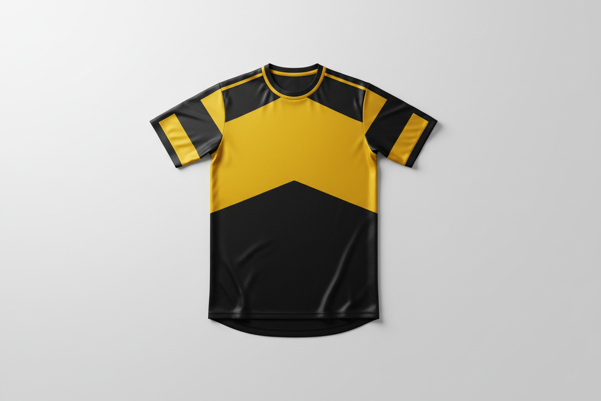 Black and gold performance jersey laid flat in a matching light studio style