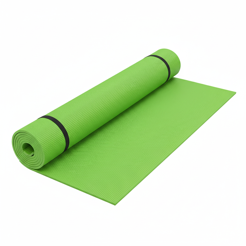 Green textured yoga mat partially unrolled