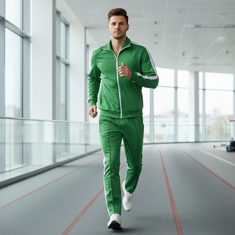 Model wearing a green matching running track jacket and pants with white piping