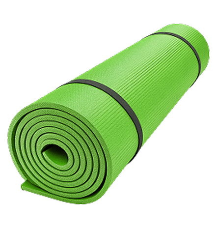 Green rolled textured yoga mat with black carrying straps